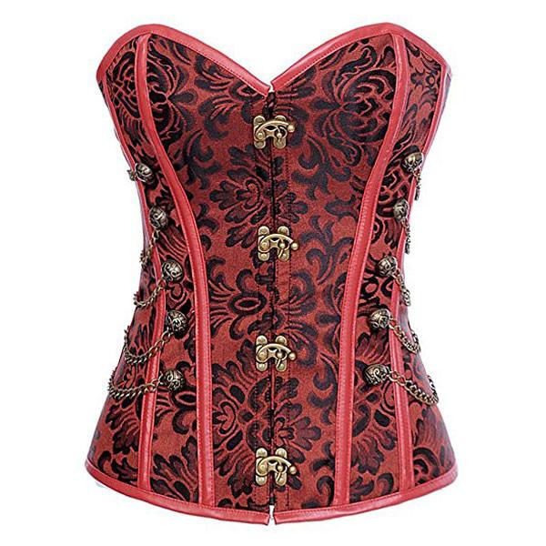 Steampunk Red Brocade Overbust Corset - CT-VG-18065 - Medieval Collectibles