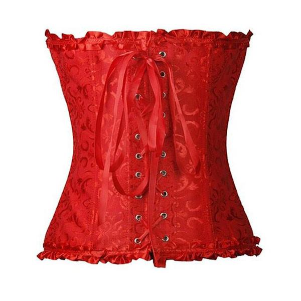 Jenesis Overbust Corset- Red Brocade With Black PVC Overbust
