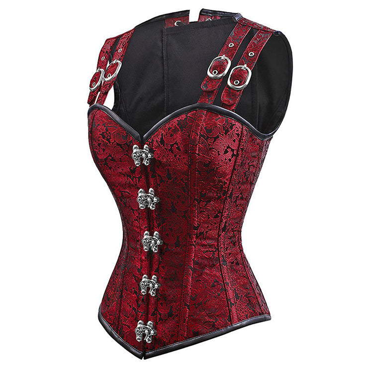Corset Story UK - What's red and black with buckles all over? https:// corsets-uk.com/products/red-and-black-steampunk-overbust-corset-with-shoulder-straps